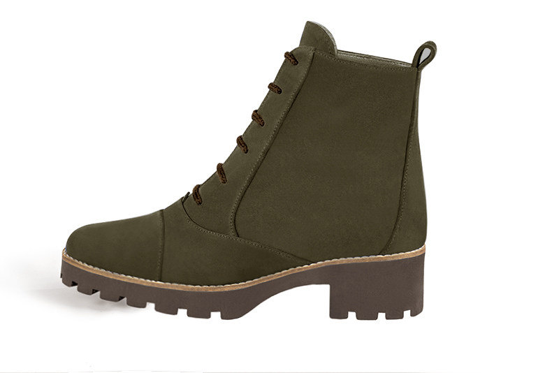 Khaki green women's ankle boots with laces at the front. Round toe. Low rubber soles. Profile view - Florence KOOIJMAN